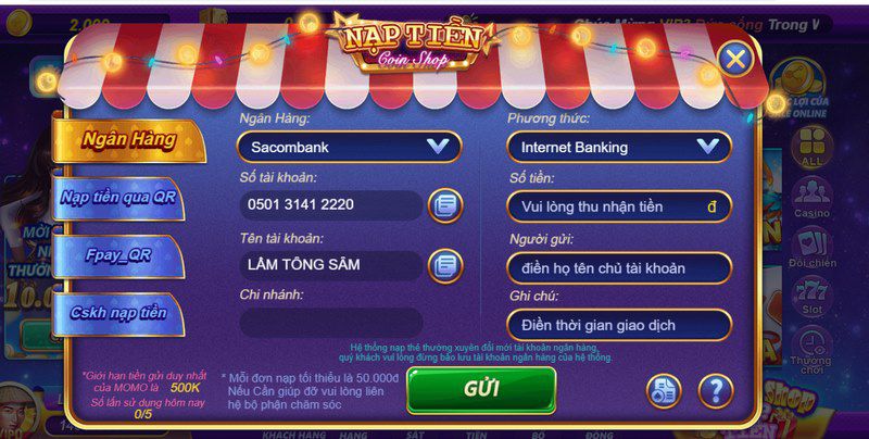 Quy trình nạp tiền và rút tiền V99 win