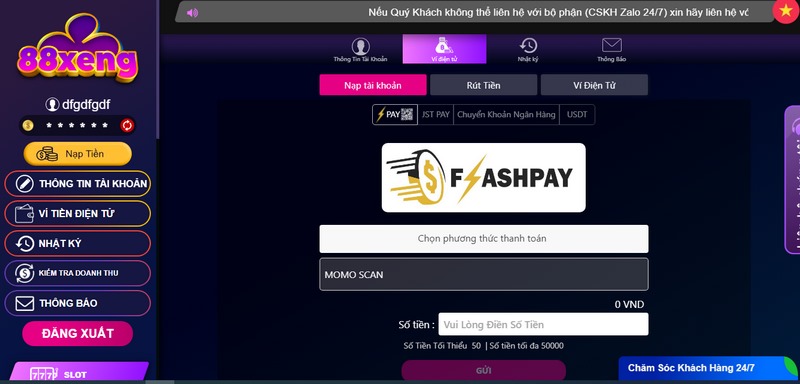 Thao tác nạp/rút tiền ở Xeng88