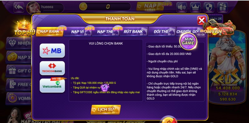 Quy trình nạp tiền vào cổng game Mix79